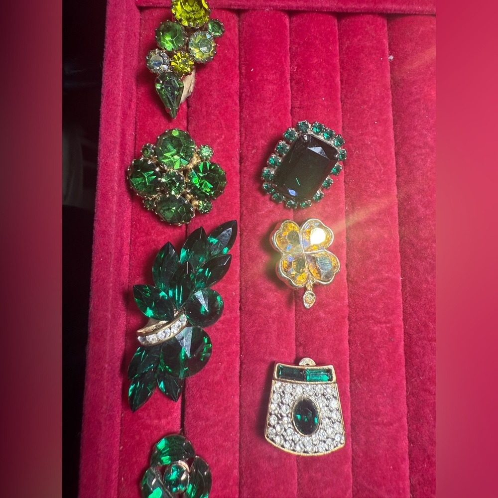 Single Clip-On Vintage Earrings Green Rhinestones - Picture 2 of 8